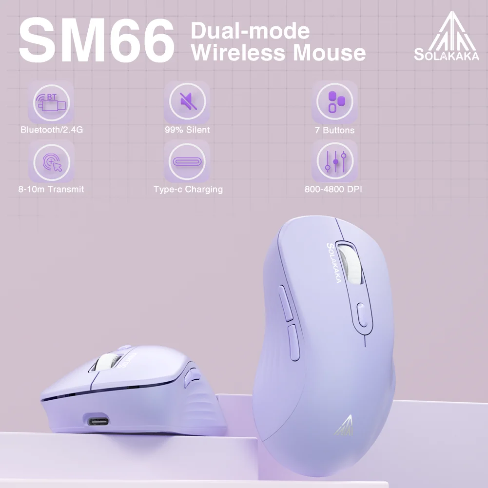 SOLAKAKA SM66 Rechargeable Computer Mouse Silent Dual Mode 2.4GHz Wireless Lightweight Ergonomic 4200 DPI PC Office Mouse