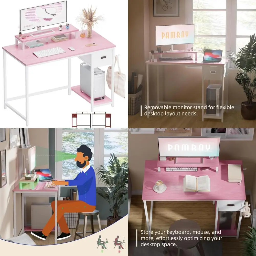 Compact 39 Inch Desk with Monitor Stand for Home Office, Bedroom Study Table with Storage Drawer, Small Space Solution