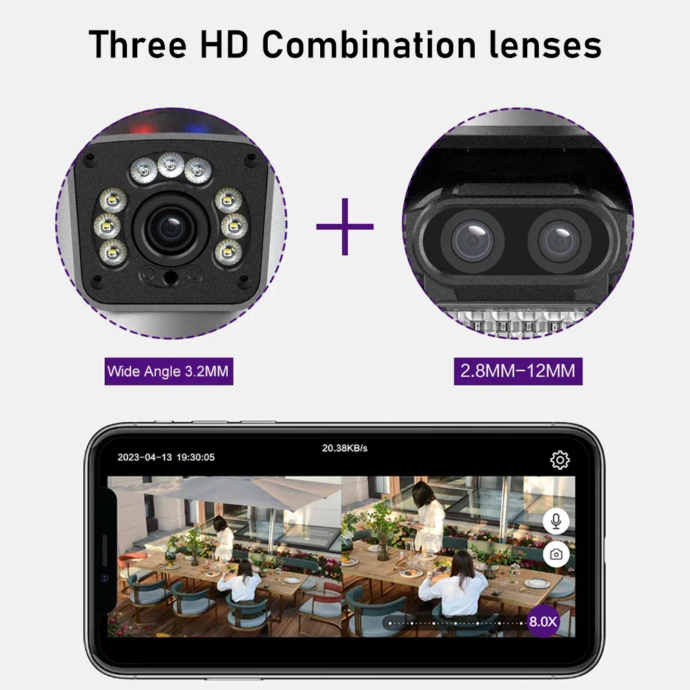 4K 9MP WIFI Surveillance Camera Outdoor 8X Hybrid Zoom 6MP IP Camera Three Lens Dual Screen Security Cam Auto Tracking NVR iCSee