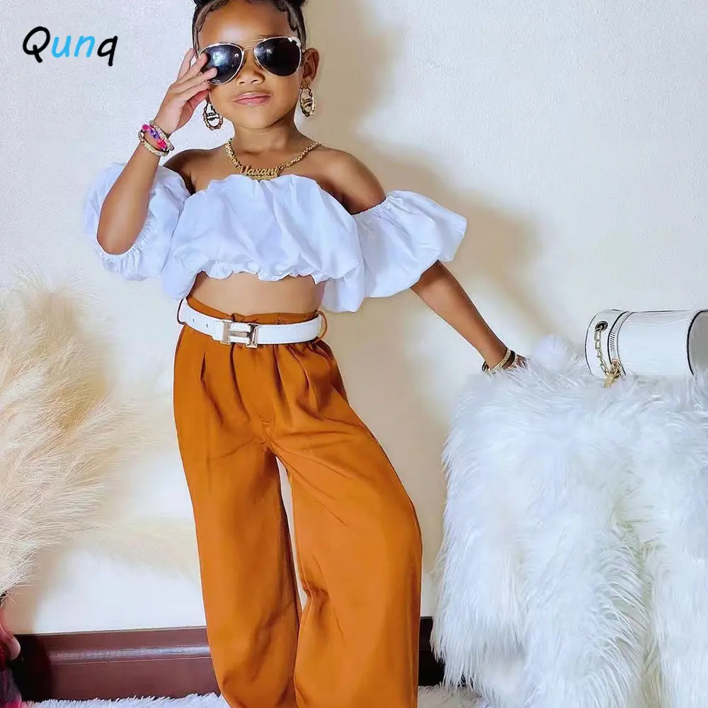 Qunq 2023 Summer Girls Off-The-Shoulder Pleated Bubble Sleeve Crop Top+Straight Pants 2 Pieces Set Casual Kids Clothes Age 3T-8T