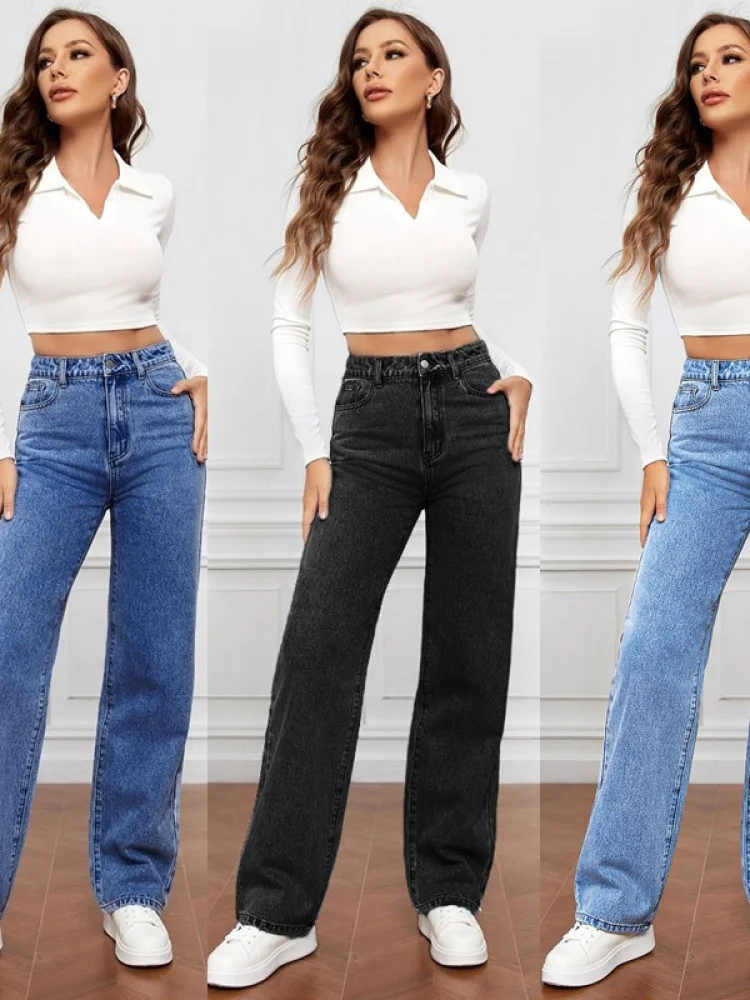 

High Waist Straight Leg Women's Jeans Faion Waed Cotton Casual Trousers Spring Summer New Arrival Ladies Premium Denim