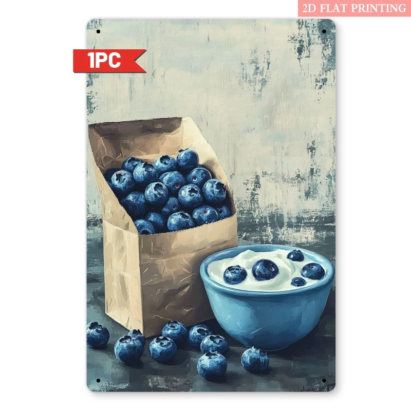2D Flat - 1pc Vintage Blueberry Dessert Metal Tin Sign, Iron Kitchen Wall Art Decor, 8x12 Inch, Food Theme Decoration