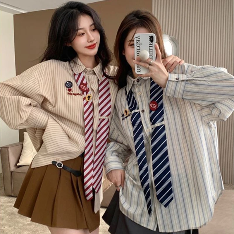 

2025 Autumn Women New Vintage Striped Patchwork Necktie Shirt Long Sleeve Oversize Friends Blouses Preppy Style Blusas Top
