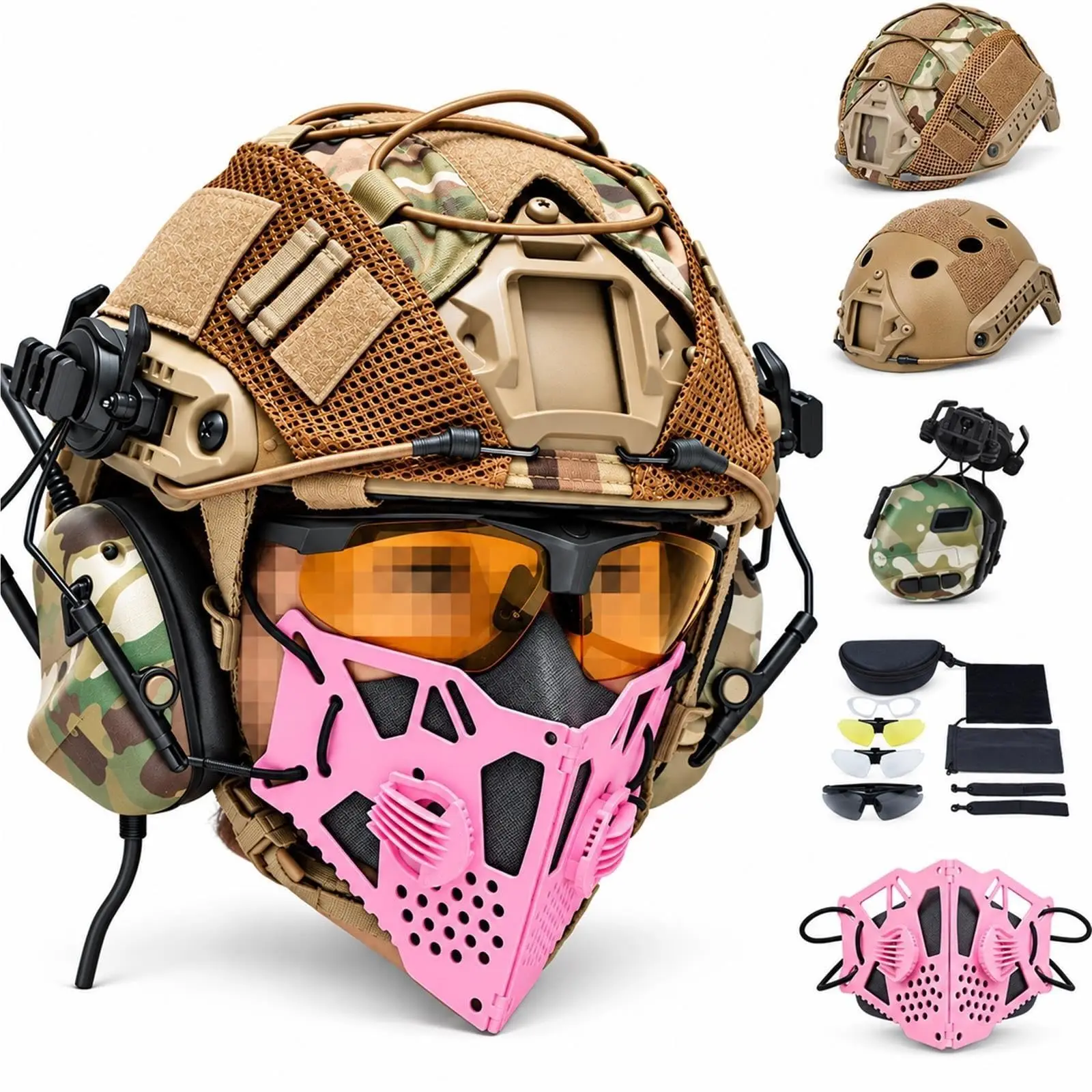 FAST Tactical Helmet Set, Headset, 3-Interchangeable-Lens Goggles, Cover, Mesh Butterfly Mask, 5-Piece, 20.3-24 In Dial Fit