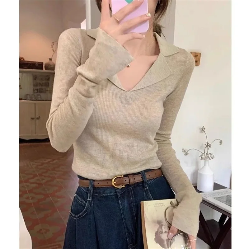 

Womens Sweaters Spring Autumn New Polo Collar Knitted Pullovers Loose Bottoming Shirt Cashmere Fashion Jumper Solid Pink Sweater