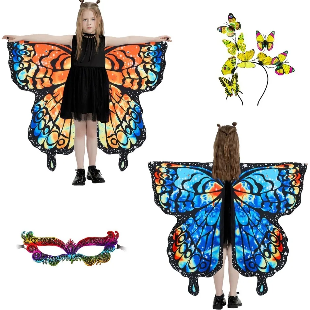 Fantasias de Halloween, asas de borboleta dupla face, asas de fada para meninas, conjunto de fantasias de borboleta de 3 peças.