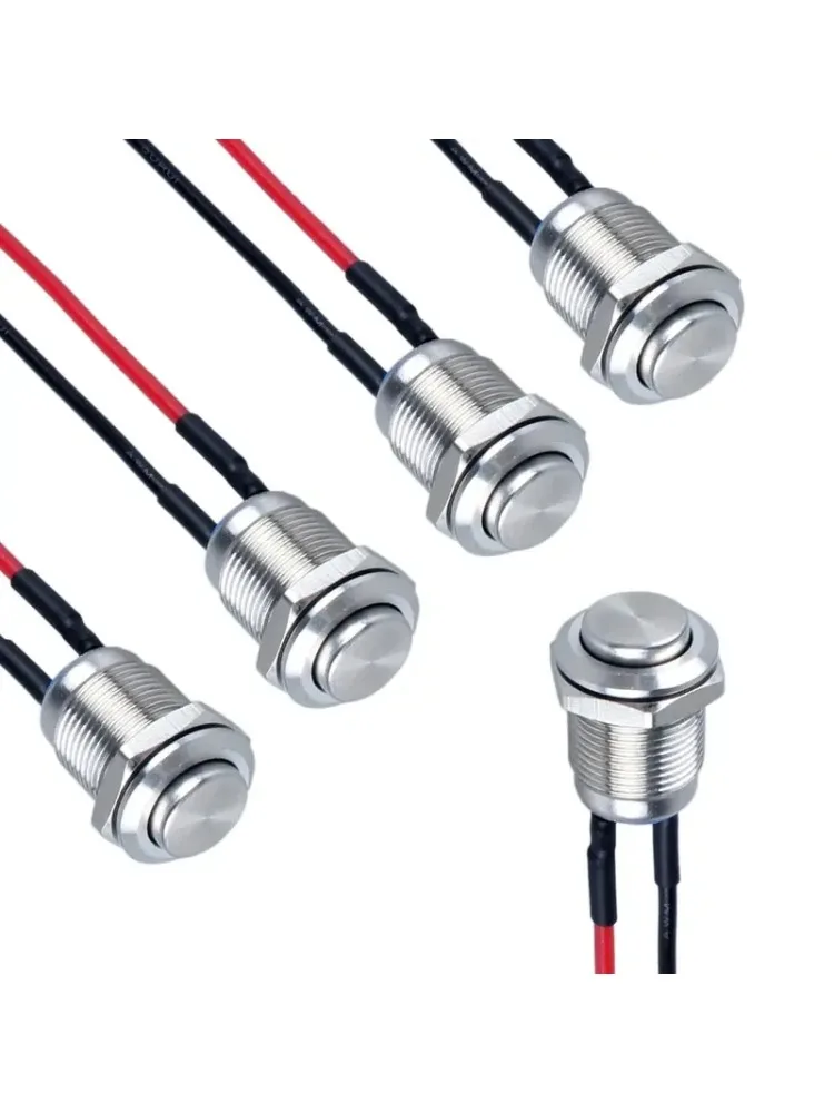 5 szt. Przycisk chwilowy z okrągłą główką 12 mm, ze stali nierdzewnej, 1NO normalnie otwarty, z wstępnie przyszytymi przewodami, do samochodu, łodzi. — 2