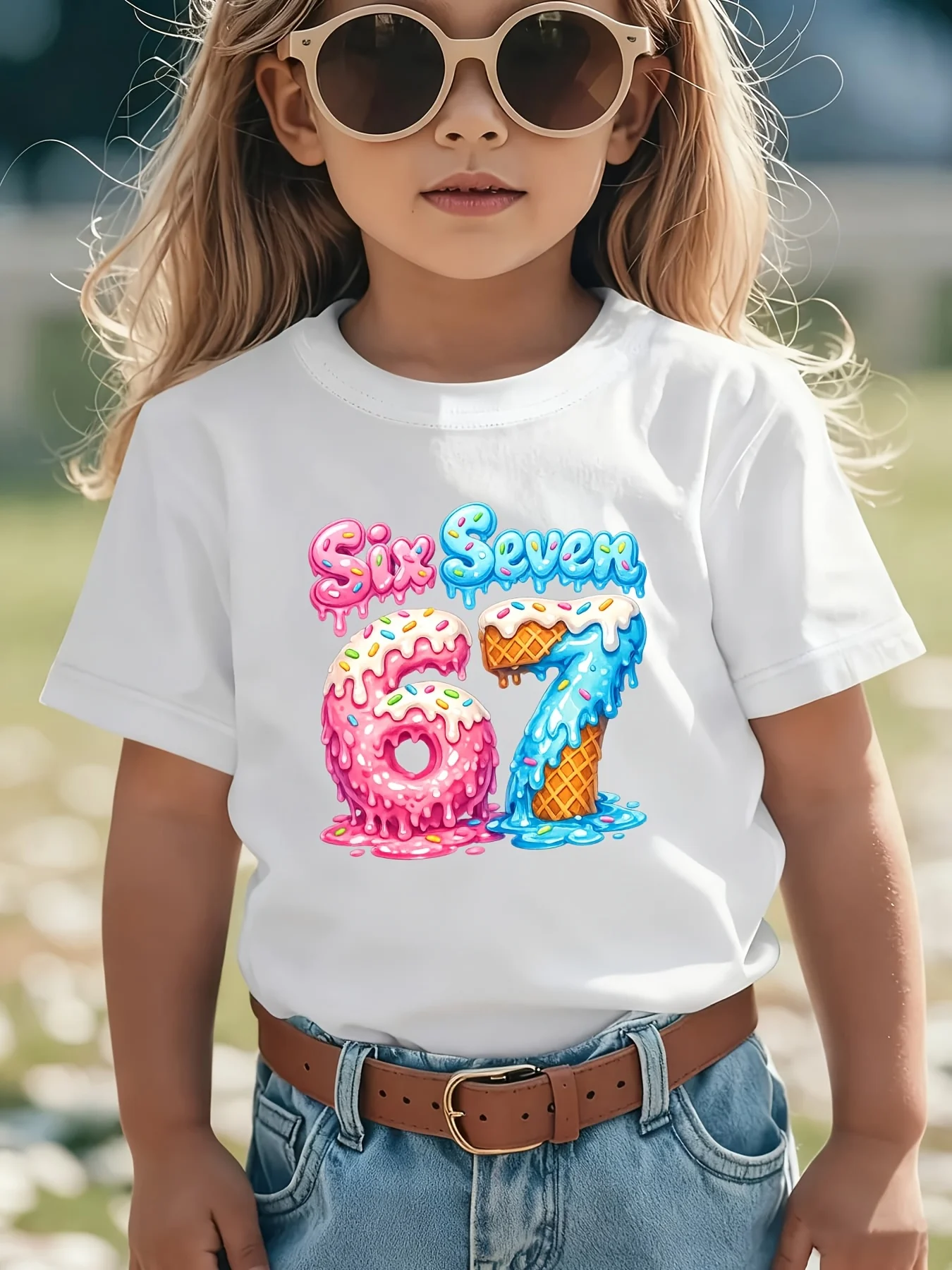 Kids Clothes 67 Six Seven Graphic Cotton Tee Fashion Short-Sleeve T-Shirt for Girls Birthday Gift 6 7 Cartoon Donut Design Top