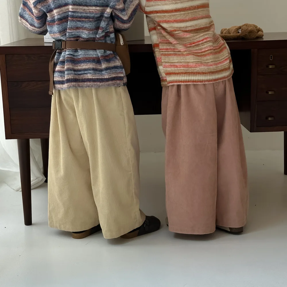 Korean style Kids Pants 2024 Autumn sibling casual loose straight Trousers Boys Girls corduroy all-match wide leg pants