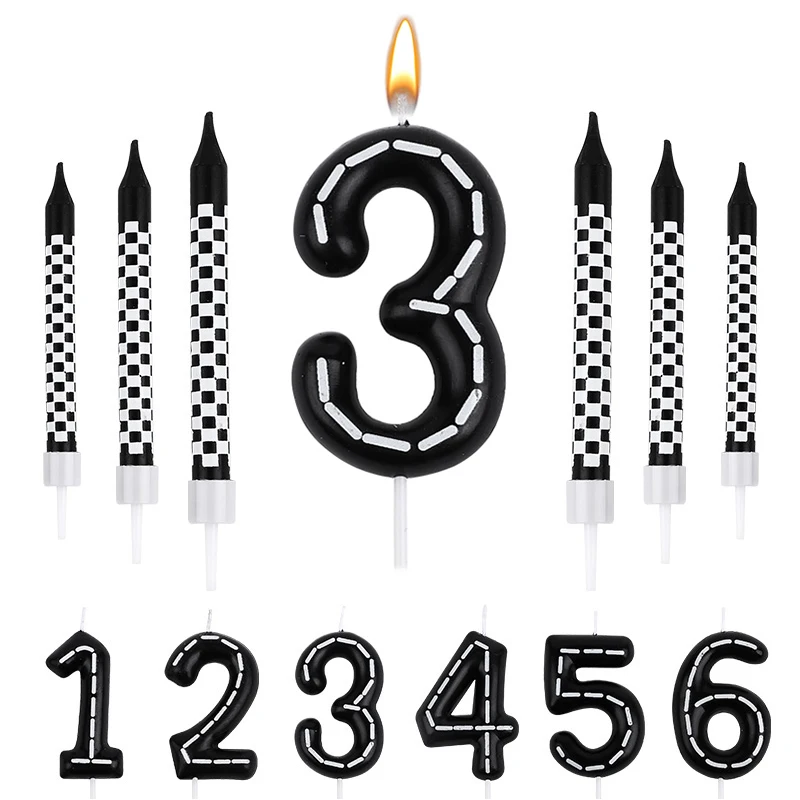 7Pcs/set Racing Cars Birthday Number Candles Black White Checkered Themed Cake Topper Kids Boys Birthday Party Decoration Favors
