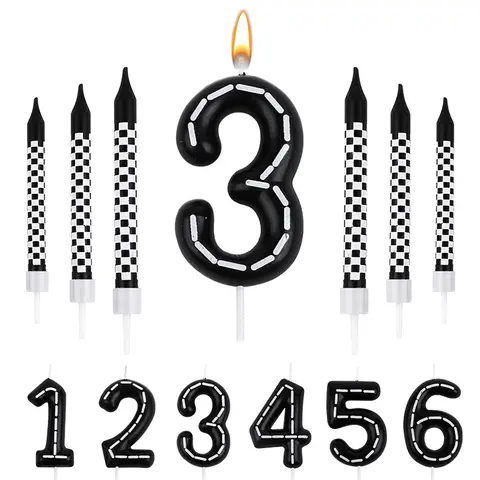 7Pcs/set Racing Cars Birthday Number Candles Black White Checkered Themed Cake Topper Kids Boys Birthday Party Decoration Favors