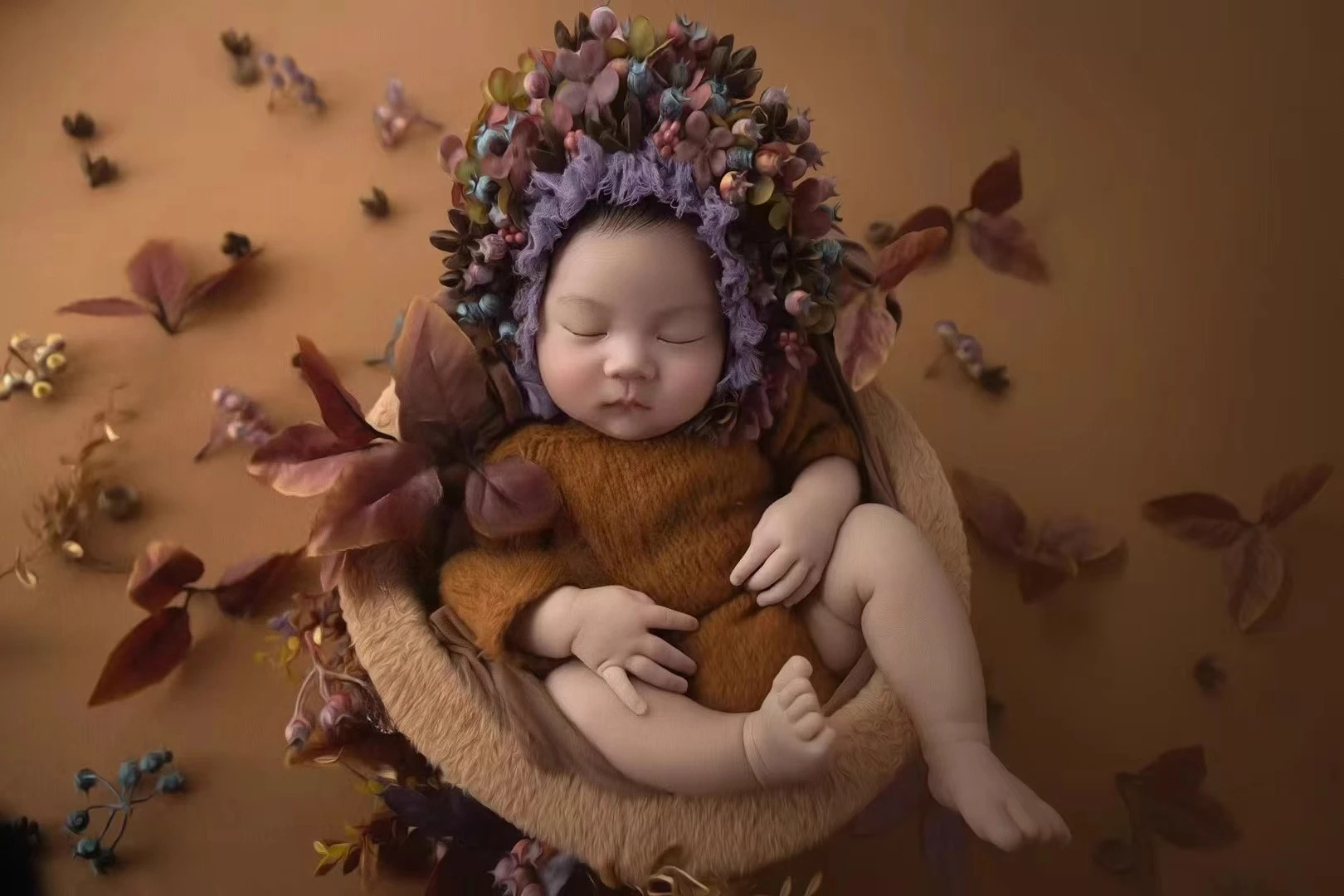 Newborn Photography Props Floral Hat Posing Bucket Handmade Knitted Outfit Backdrop Theme Set for Studio Photoshoot Accessories