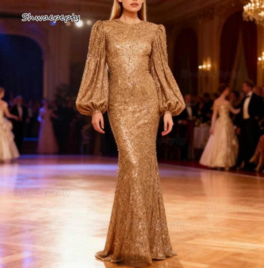 

Sparkly Gold Sequined Mermaid Prom Dress Lantern Sleeve Modest Muslim Formal Evening Gowns O-neck Customized Women Party Dresses
