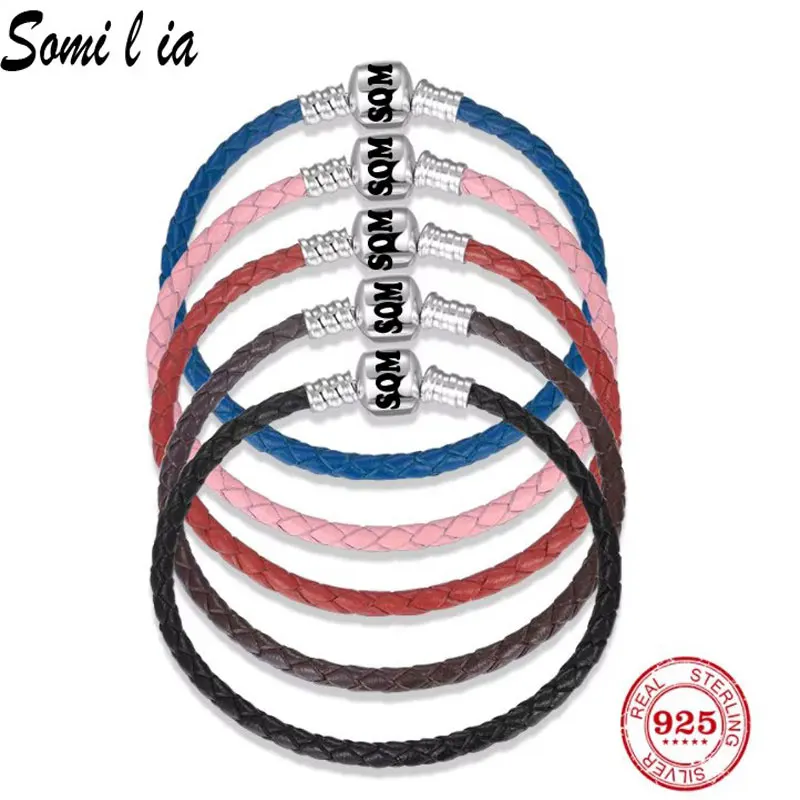 

Somilia-S925 Silver Classic Red Natural cowhide Bracelet For Women 3MM Fit European Style Charm And Bead Bundle Fine Jewelry