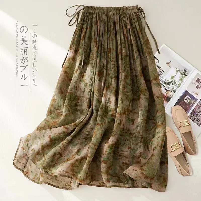 2024 New Summer Vintage Women Skirts Casual Floral Printed Long Skirts Elastic Waist Drawstring Female Loose Skirt Jupe Femme