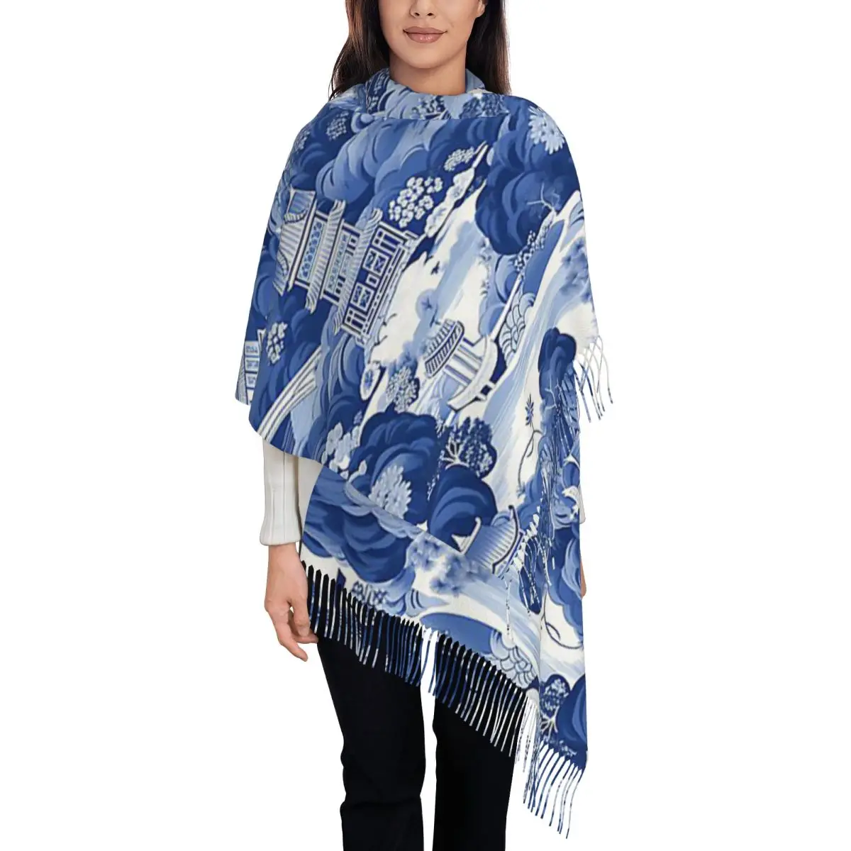 Chinoiserie Pattern Scarf Tassel Scarves for Women Soft Warm Shawls and Wraps Long Fall Winter Shawl Wrap