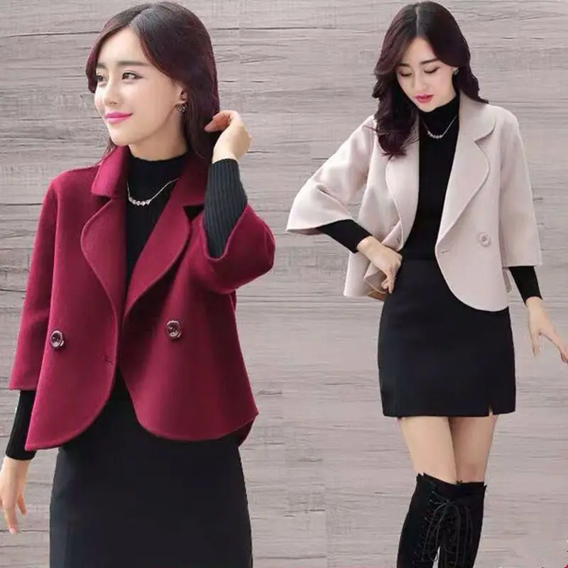 Ladies' Fashionable Woolen Short Coat Loose Fit Spring Autumn New Korean Style Seven Sleeve Button up Top Quality Polyester