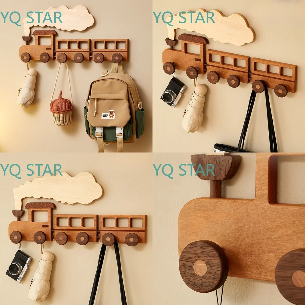 Solid Wood Wall Hooks for Creative Cartoon Decor Adhesive Storage Hooks for Living Room Organization Accessories Home Utility