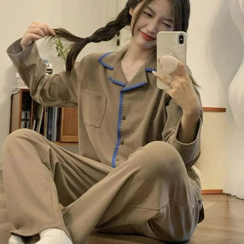 

Korean Version Ins Simple Contrasting Color Warm Pajamas Women's Autumn Winter Long Sleeves Sweet Student Winter Loungewear Set