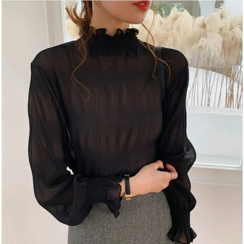 Women\'s Spring Autumn New Lace Bottoming Shirts Female Solid Loose Shirt Tops Ladies Turtleneck Long Sleeve Popular Blouses