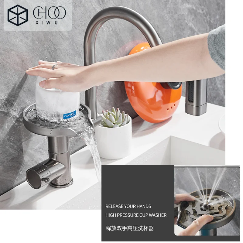 

CHOOXIWU - новый дизайн кухонного смесителя с поворотной шайбой для чашек, ополаскиватель для стекла, быстрый автоматический очиститель, мойка для стекла