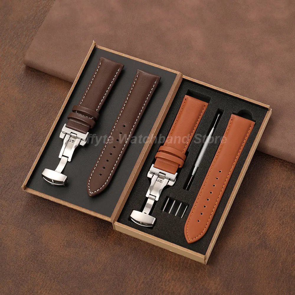 Men PU Leather Watch Strap 18mm 20mm 22mm 24mm with Butterfly Buckle Gift Packing Box Comfortable Replacement Wristband