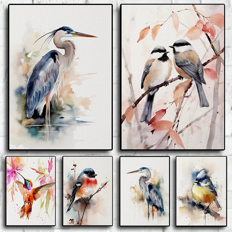 Watercolor Bird Great Blue Heron Hummingbird Coastal Tropical Animals Poster Wall Art Pictures Canvas Painting Home Hotel Decor