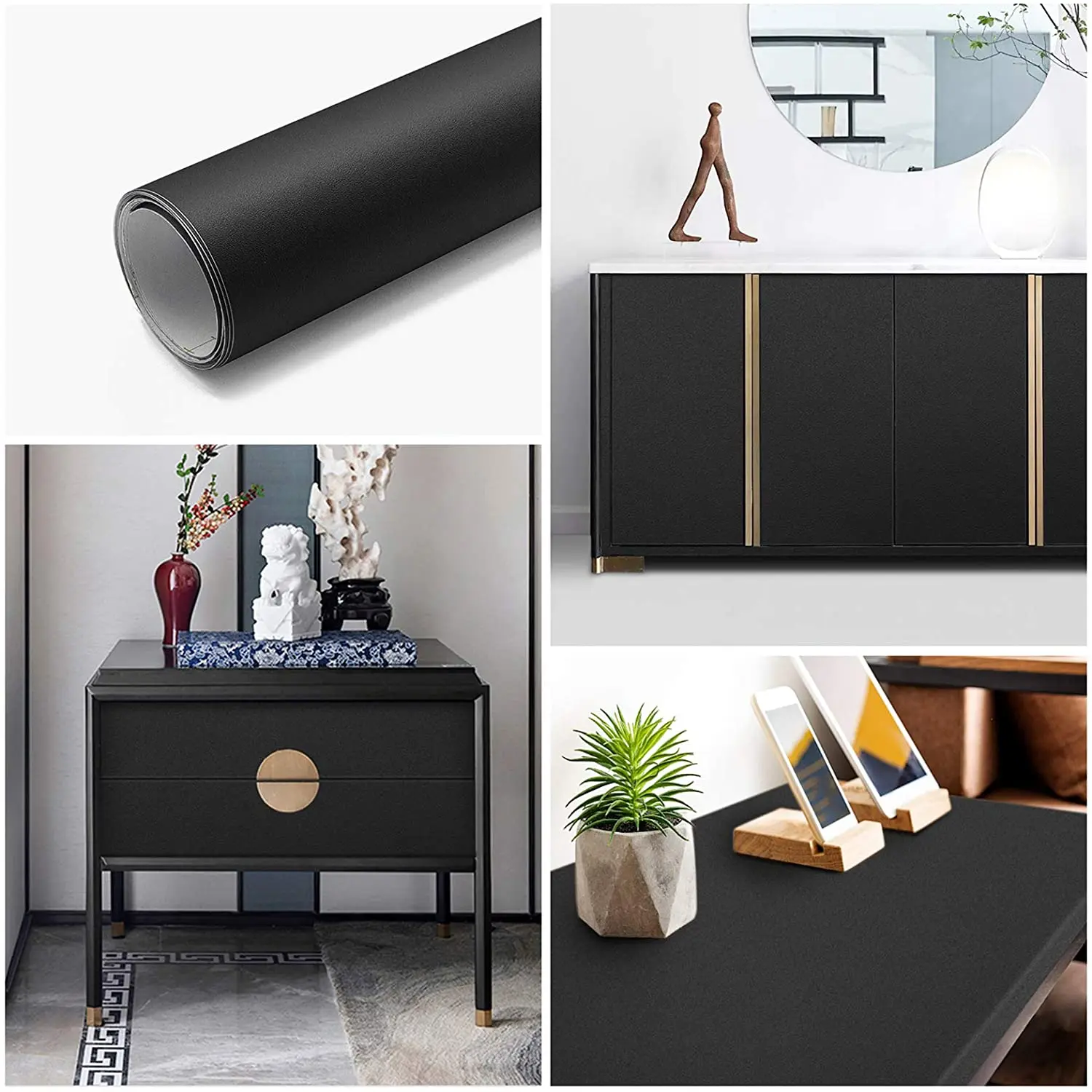 PVC Self-adhesive Wallpaper Decorative Vinyl Matt Black Adhesive Paper for Livingroom Furniture Wall Kitchen Cabinets Decoration