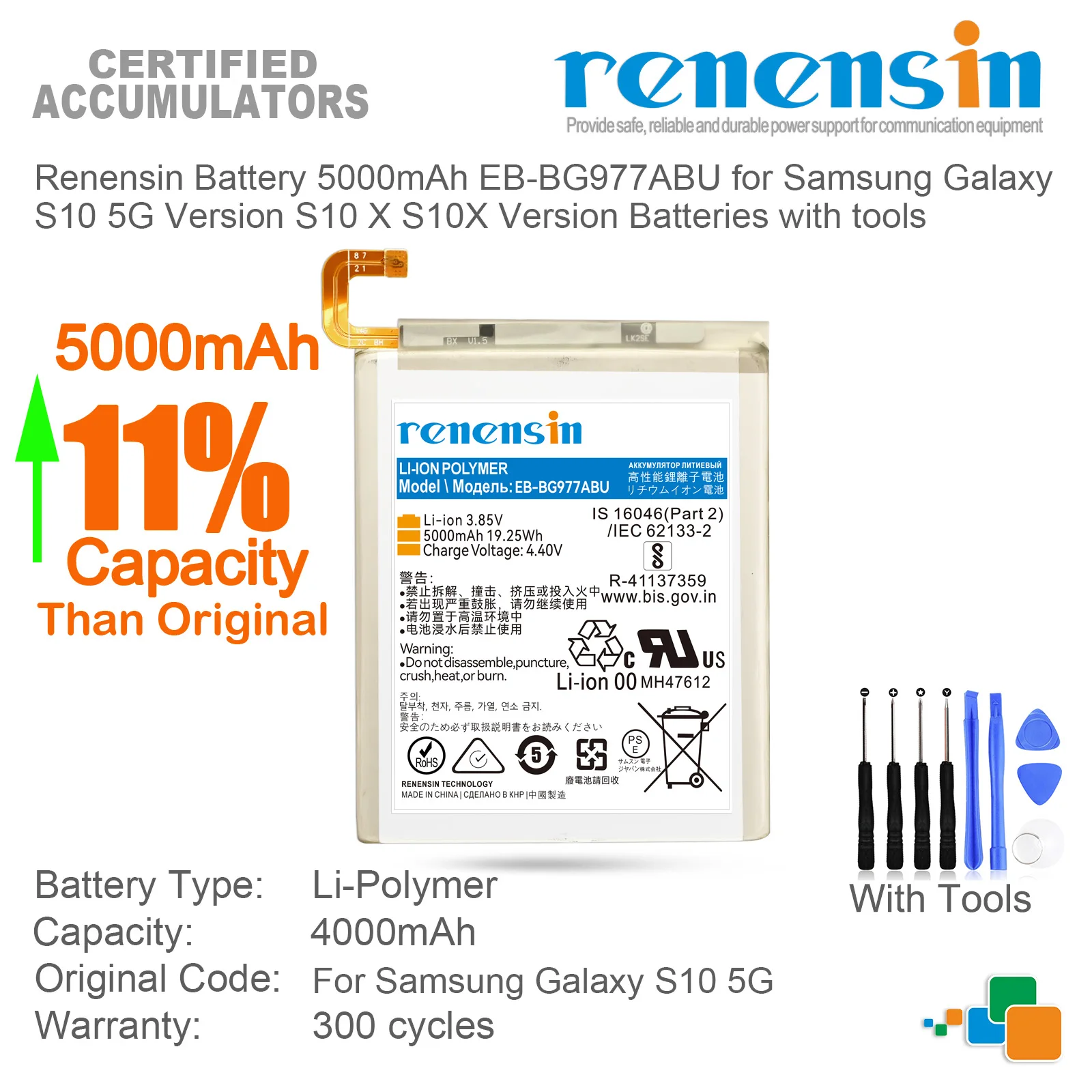 

Renensin Battery 5000mAh EB-BG977ABU for Samsung Galaxy S10 5G Version S10 X S10X Version Batteries with tools
