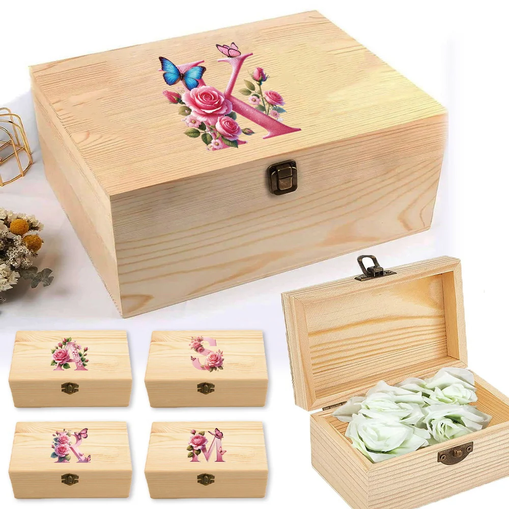 

Rectangular Wooden Storage Box Desktop Wooden Storage Organizer Home Supply Storage Decoration Pink Butterfly Pattern