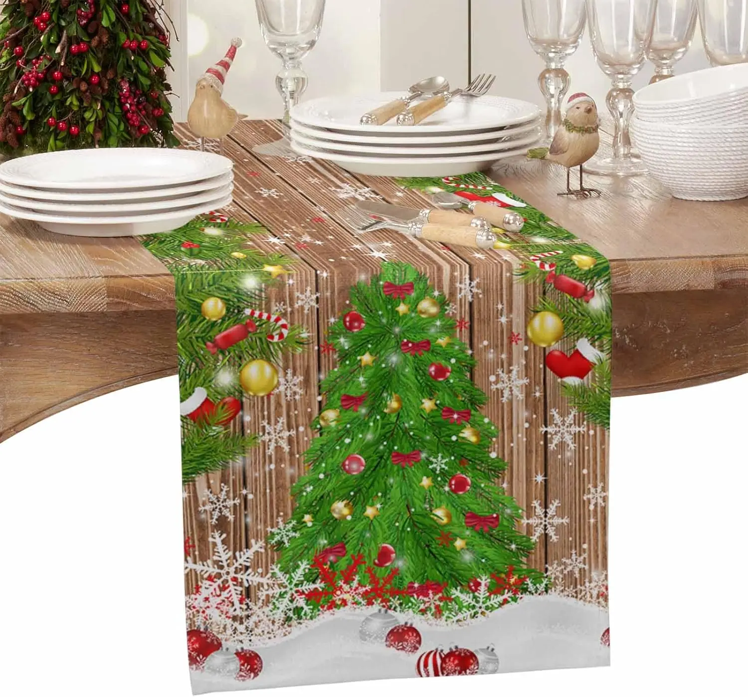 Christmas Tree Snowflakes Wood Grain Linen Table Runner Washable Winter Xmas Botanical Balls Table Runners Christmas Decorations