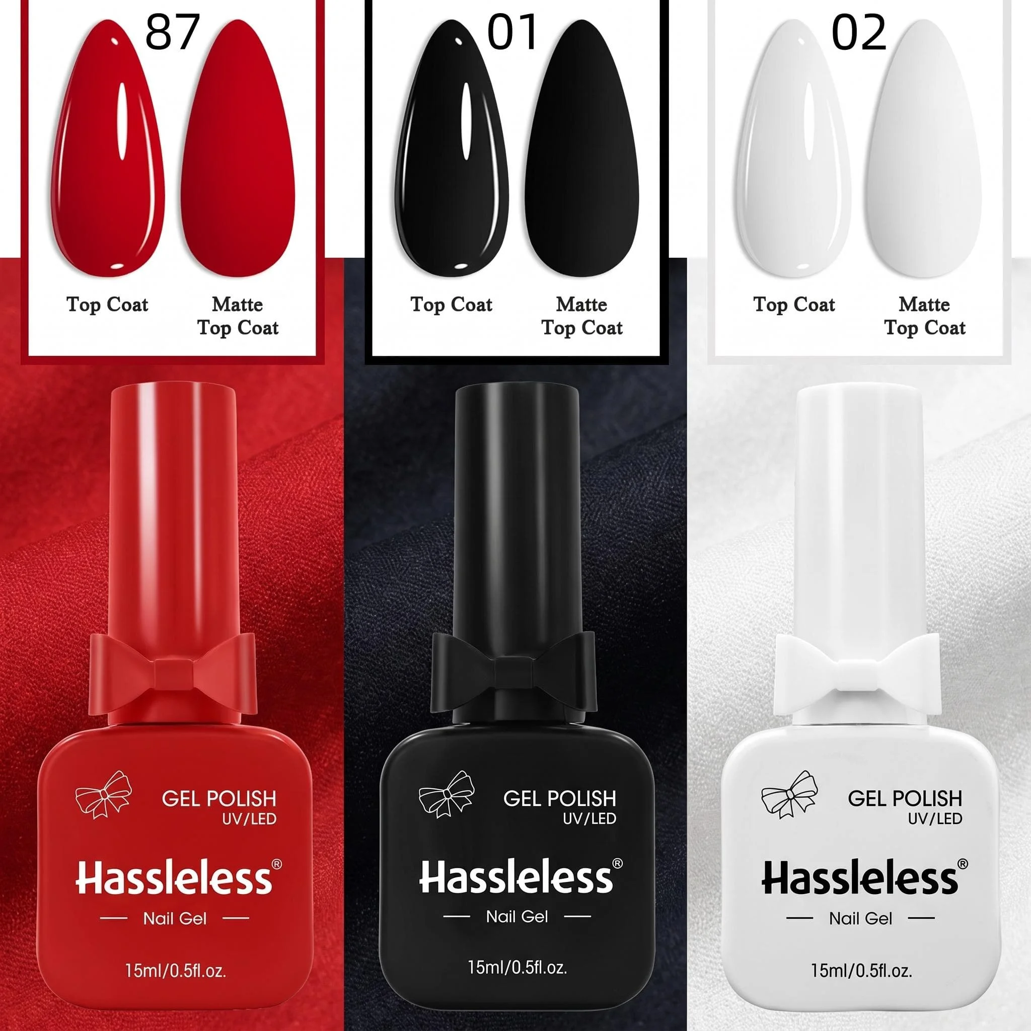 Hassleless 3-Piece Armor Gel Polish Set 15ml Classic Red, Black, White Gel Polish, Can Create Both Glossy and Matte Dual Effects, Long-Lasting and Removable, for Home Salon DIY Nail Art, Women's Nail Art Gift