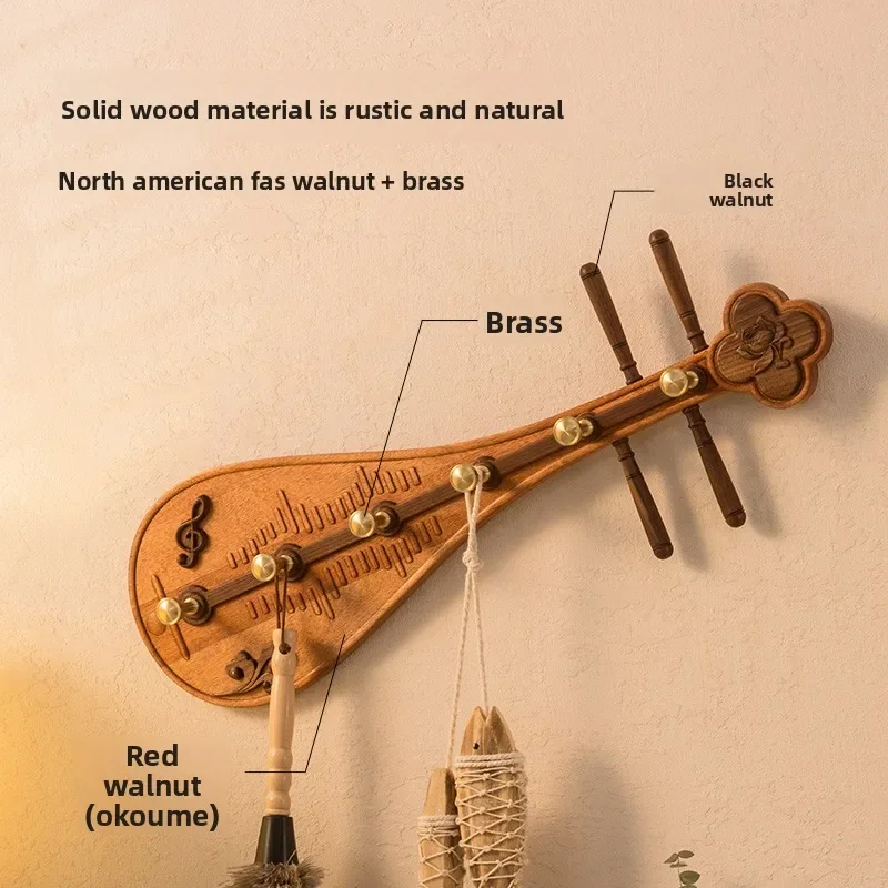 Walnut Wood Hanger, Pipa Hook Wall Mounted Coat Rack – Multi-Functional Space-Saving Hanger for Bedroom, Entryway & Behind Doors