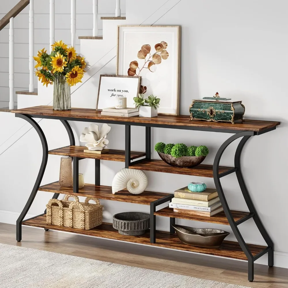 70.9 Inch Extra Long Console Table, Industrial Narrow Sofa Table with Storage Shelves, 4 Tier Entryway Table Behind Couch