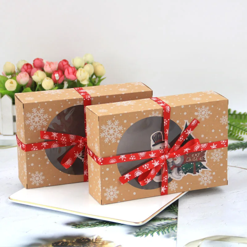 12PCS Christmas Cookie paper Boxes Doughnut Gift Boxes Bakery Box with Clear Window with Xmas Ribbons for Gift