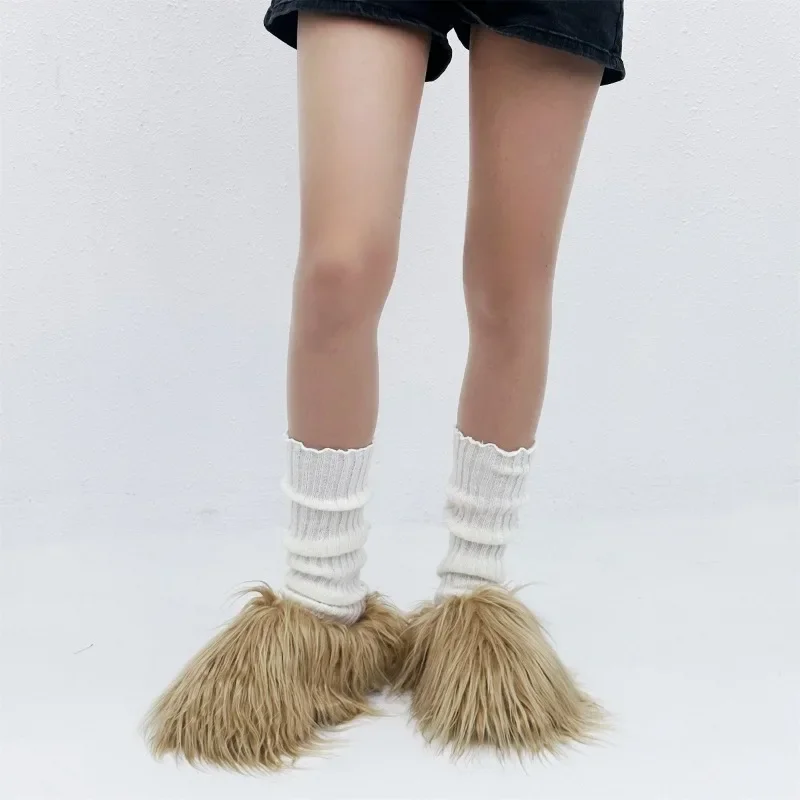 Y2K Fur Long Plush Slippers Women Winter Furry Flats Platform Shoes Ladies Fashion Colourful Fluffy Fleece Slippers Slides New