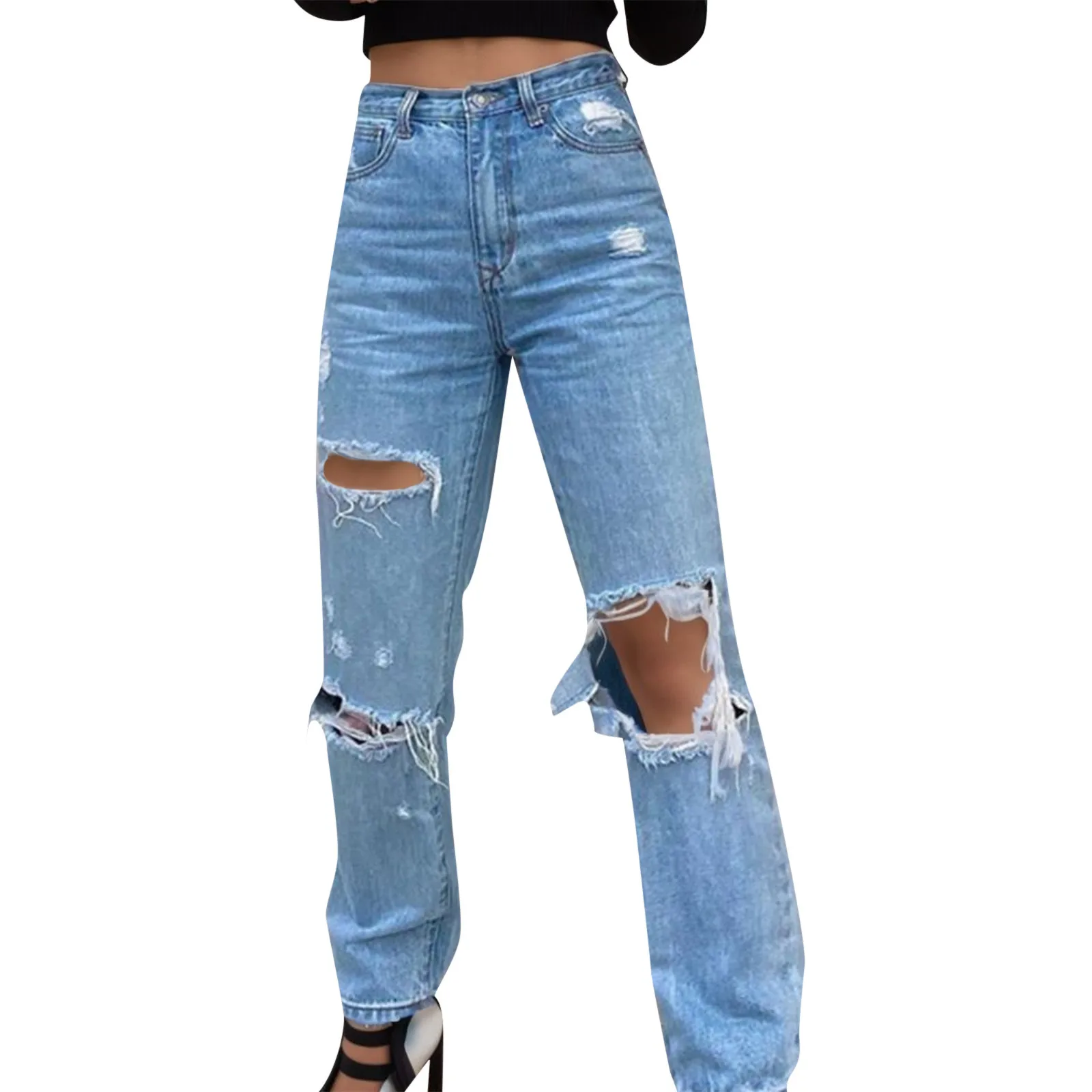 

Womens Ripped Loose Fit Jeans Wide Leg For Women High Waist Blue Wash Casual Cotton Denim Trousers Summer Baggy Jean Pants