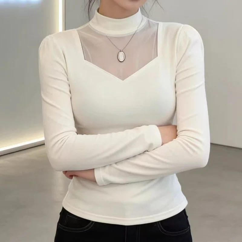 Damen Frühling Halbhoher Kragen Langarm T-Shirt mit Netzstoff-Einsätzen, Schwarzes Elegantes Transparentes Oberteil – Detail 6