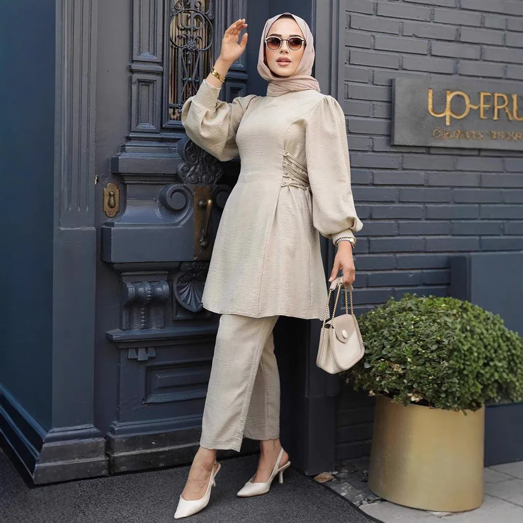 Muslim 2 Piece Set Women Tops Straight Pants Suit Ramadan Lace Up Morocco Dubai Islam Casual Ensemble Trousers Arabic Outfits