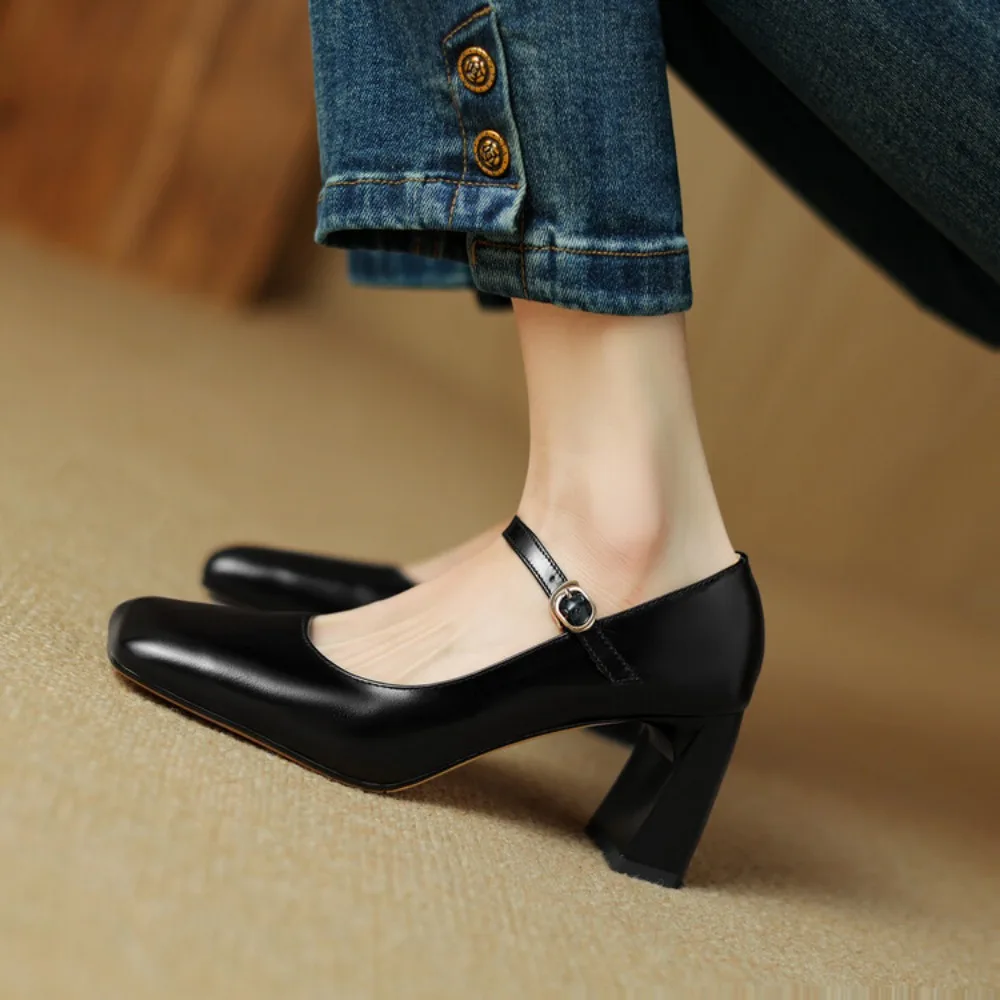 Plus Size 40 Women Leather Shoes Square Toe Mary Janes Shoes Red Girls Student School Shoe High Heel Lolita Shoes Dress Shoe