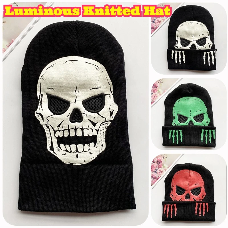 

Glowing Dark Skull Print Knitted Beanie Halloween Party Cosplay Funny Pullover Cap Adults Unisex Soft Wool Blend Streetwear New