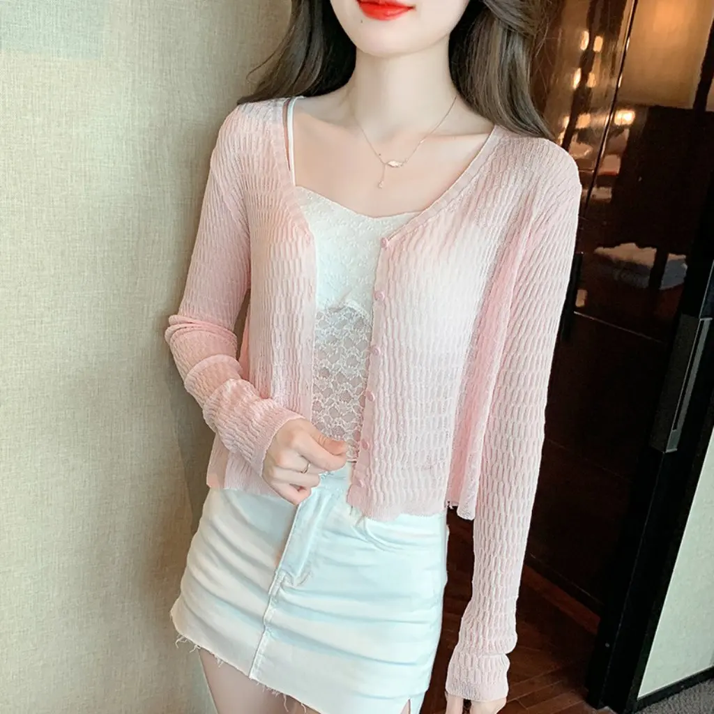 

Летний модный женский свободный цельный свитер с длинными рукавами во французском стиле, универсальная маленькая шаль, солнцезащитный топ для