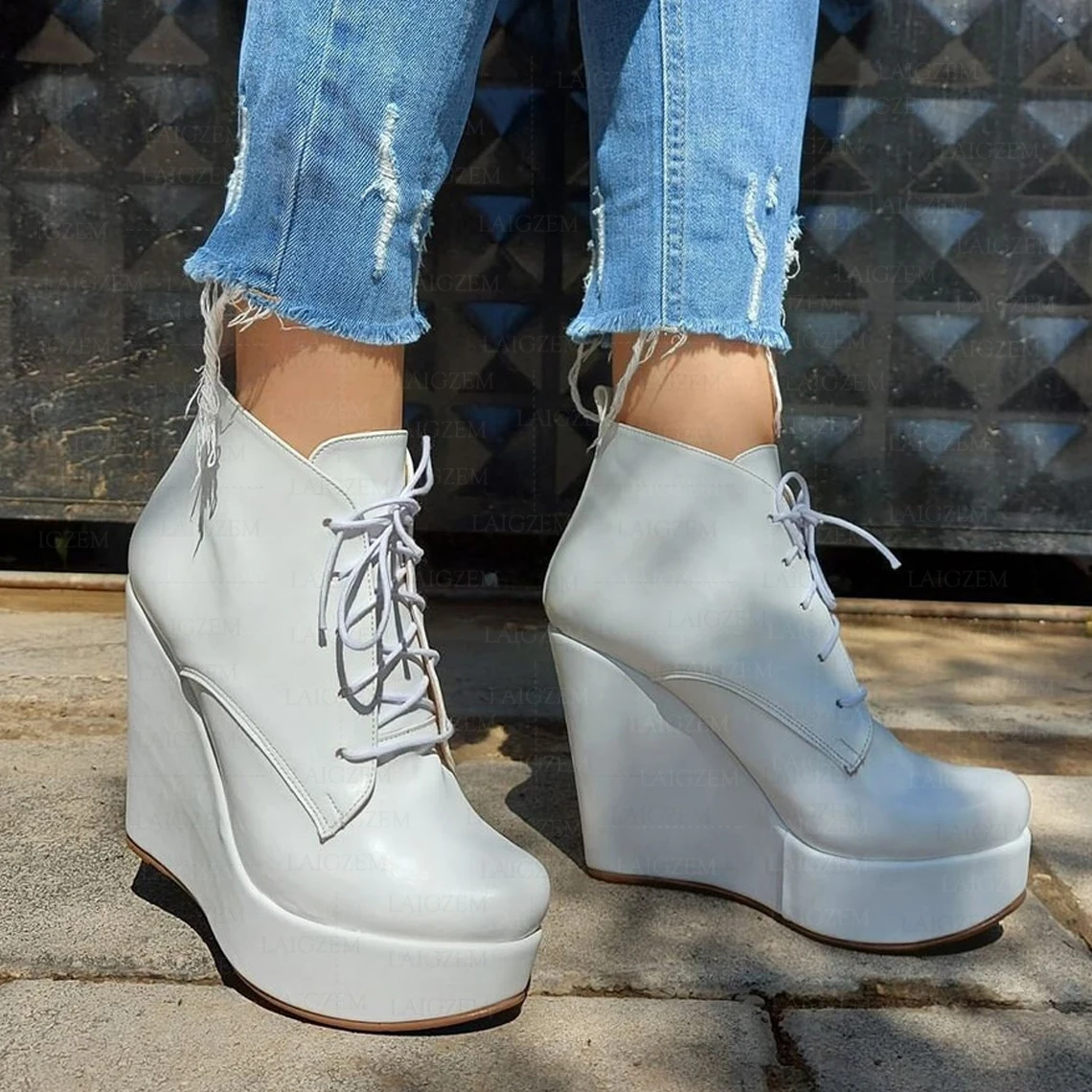 ZHIMA Women Boots Platform Wedges Round Toe Lace Up Faux Leather 12.5cm Heels Ladies Shoes Woman Sandals Big Size 39 41 43 45 48