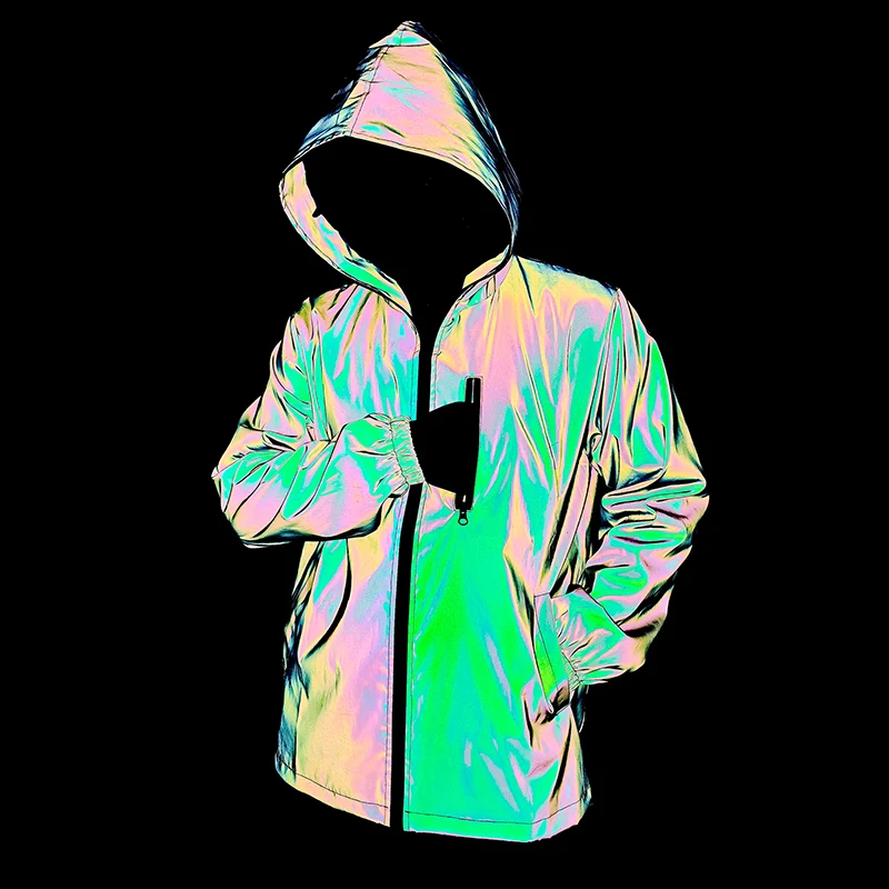 

Colorful Night Reflective Jacket Men Women Couple Hooded Windproof Coats Streetwear Outdoor Cycling Jogger Safety Clothes