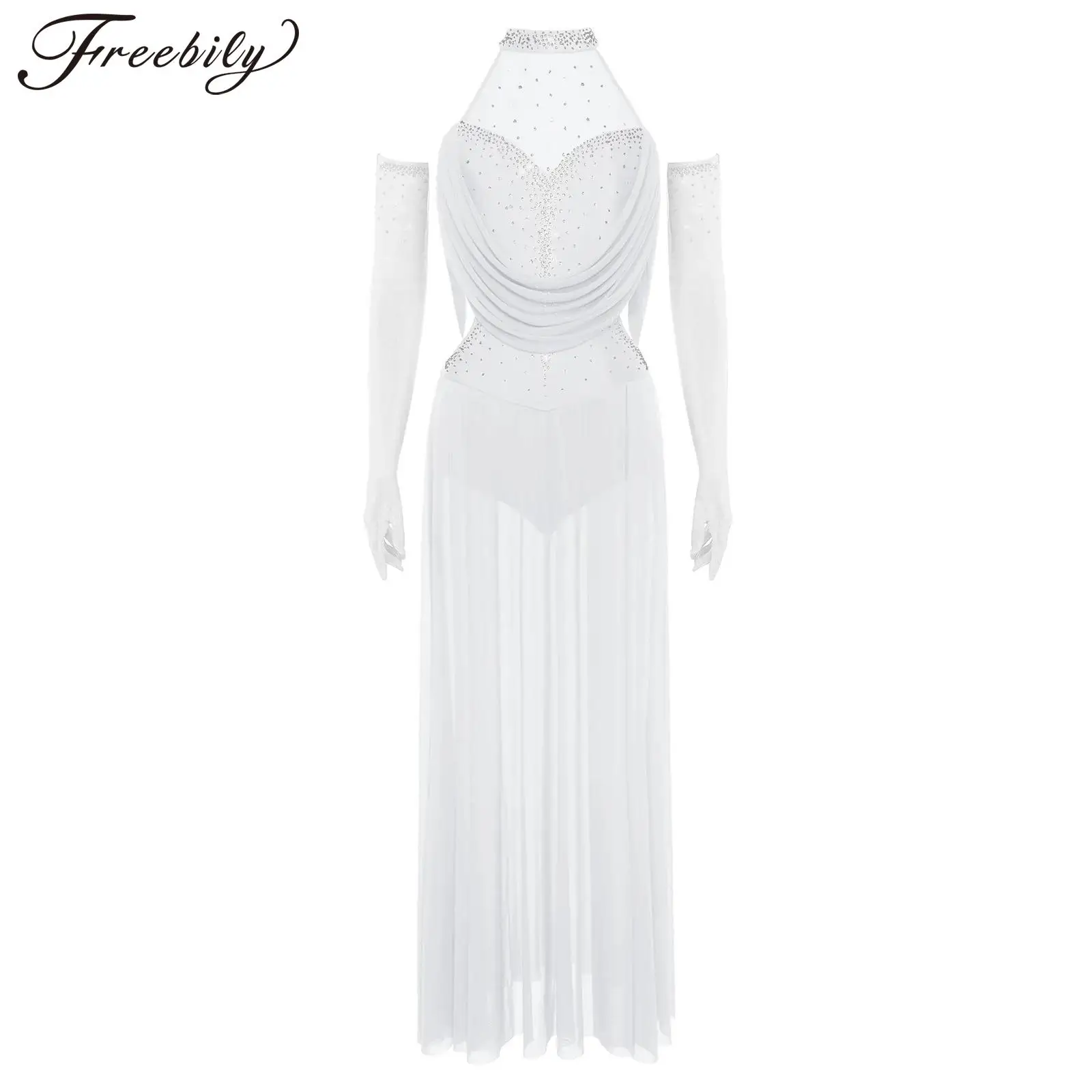 

Women Lyrical Dance Dress Halter Sleeveless Sparkly Rhinestones Maxi Dress with Press Buttons Briefs Full-finger Gloves Outfit