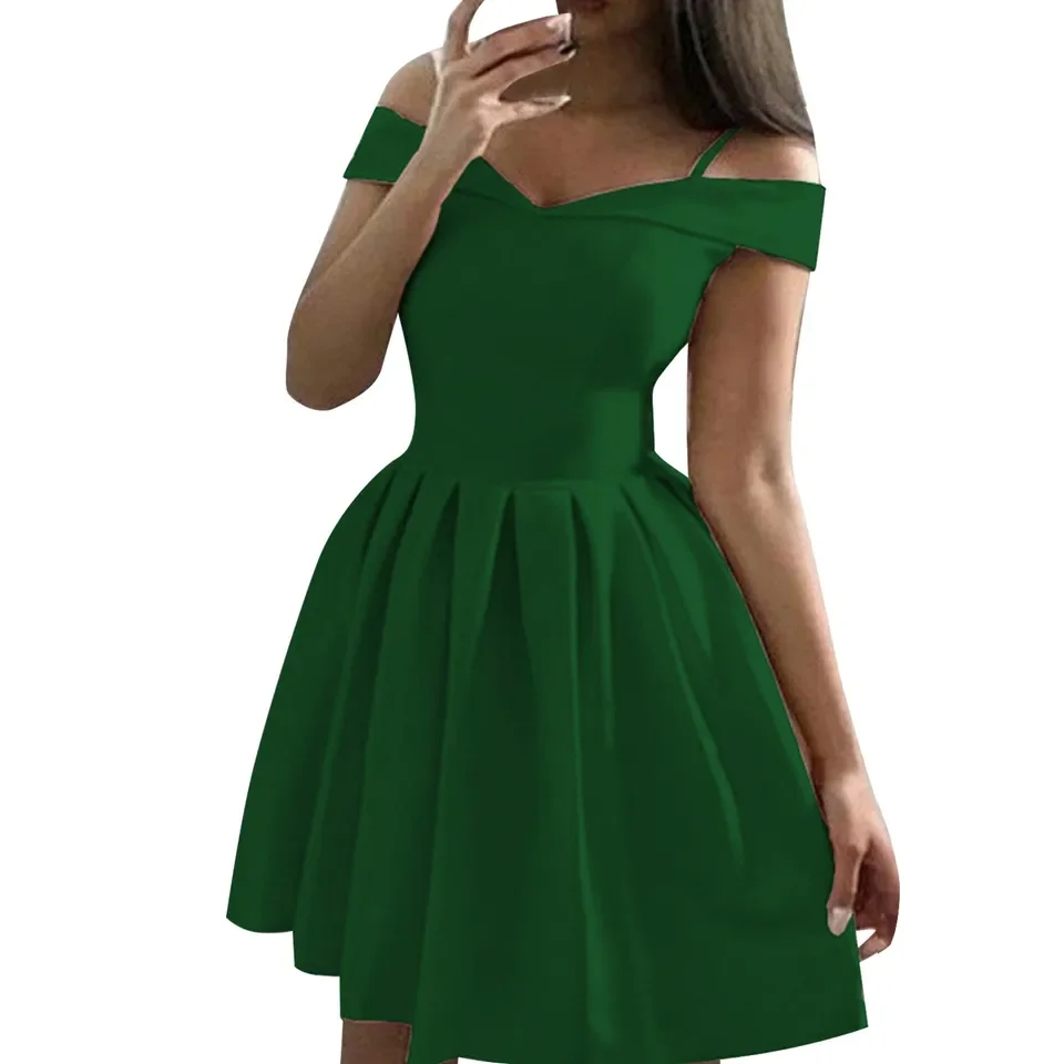 

Elegant Party Dress for Women Off The Shoulder Short Sleeve Thin Suspender Short A-Line Ruffle Dress Waist in Evening Dress