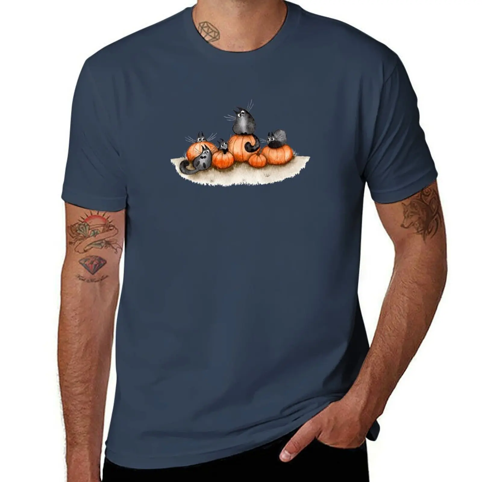 Cats Halloween Pumpkin T-Shirt Basic Lightweight Short Sleeve Tee