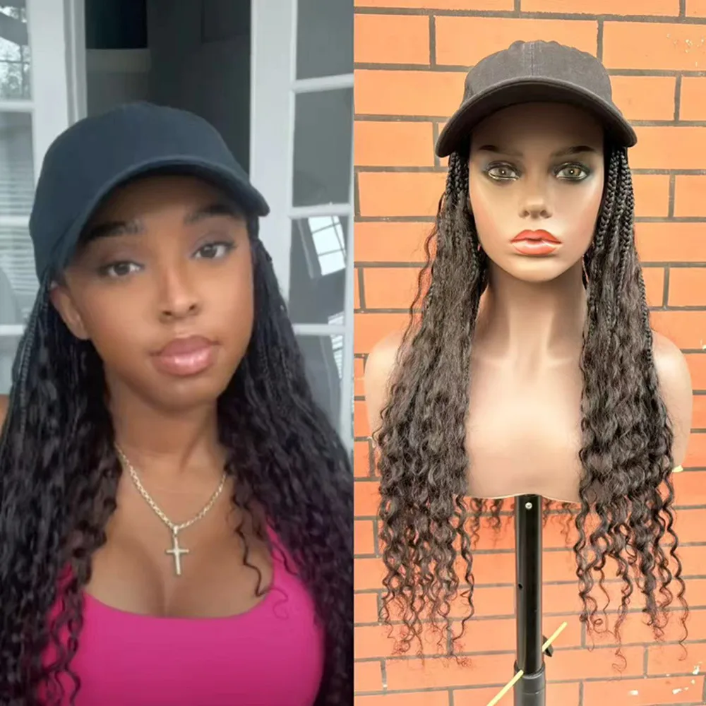 Boho kotak kepang topi Baseball topi Wig rambut manusia Bohemian dengan rambut manusia keriting berakhir ambil dan ekstensi rambut kepang untuk wanita