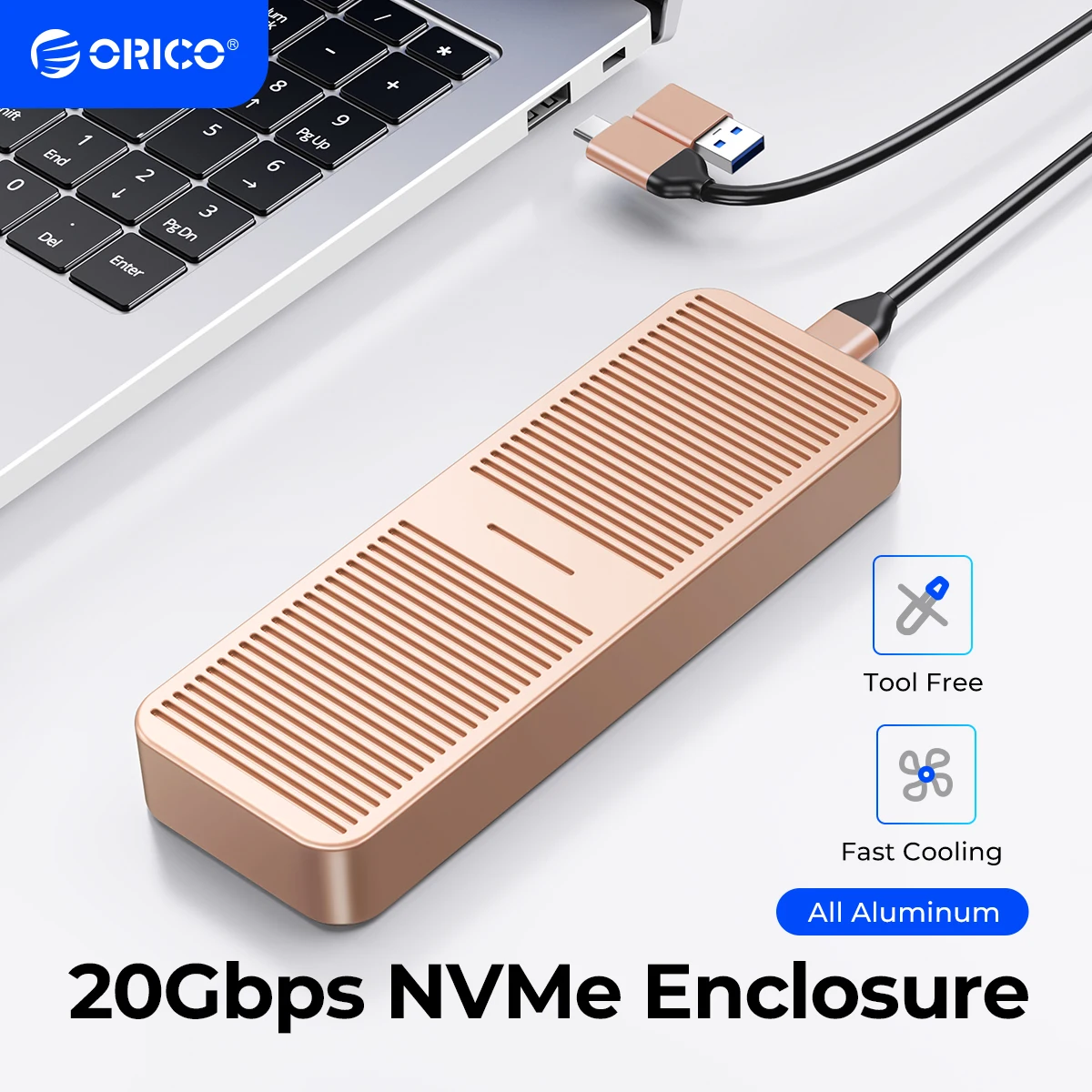 ORICO Casing SSD NVME 20Gbps M.2 dengan Rompi Pendingin Bawaan Aluminium Terupgrade Tipe-c M2 NVME SSD Enclosure untuk Drive Solid State