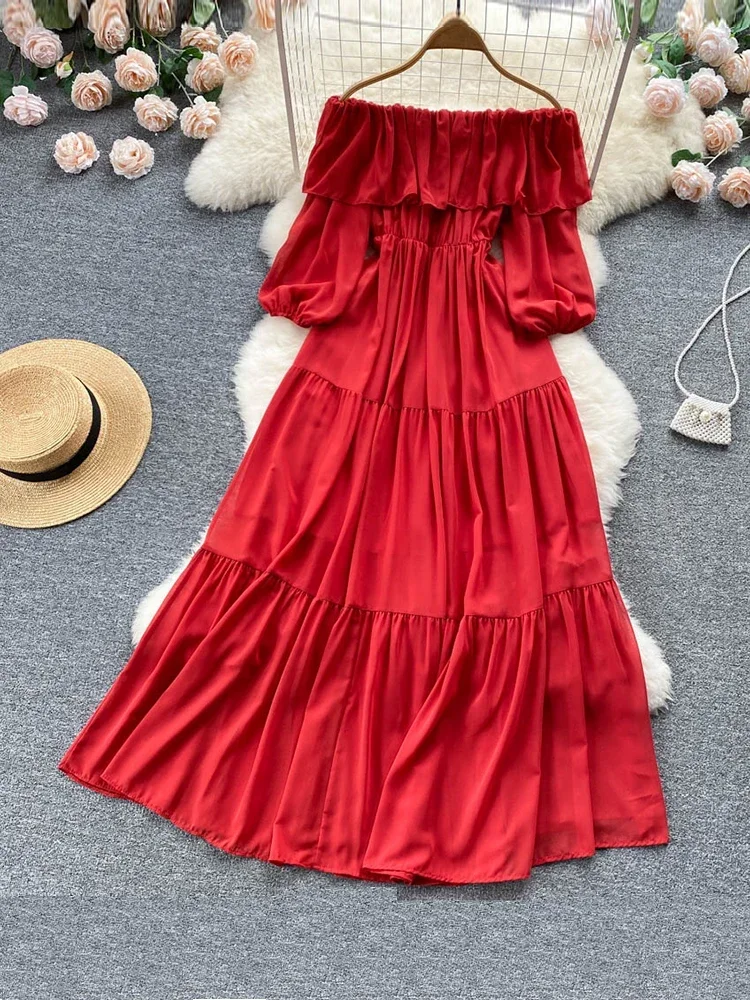 Women Spring Summer Dress Self-cultivation New One Line Shoulder Lotus Leaf Edge Layering Waist Fold Temperament Dress D2745